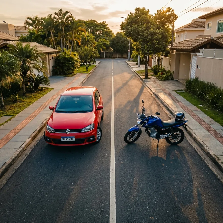 Cena ilustrativa de carro e moto lado a lado